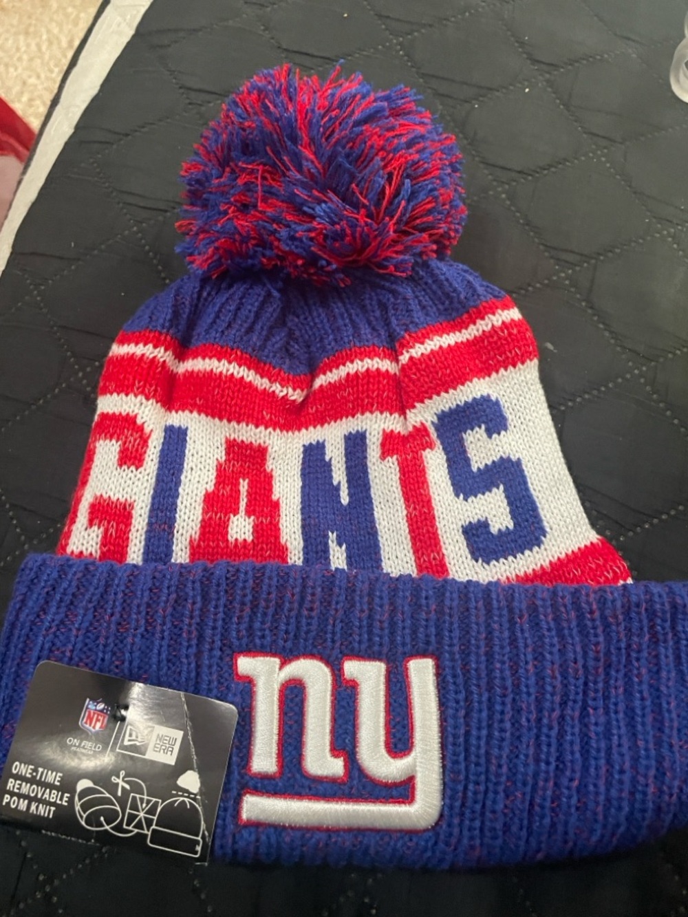 New Era Blue Red Knit Pom Beanie with White Lettering